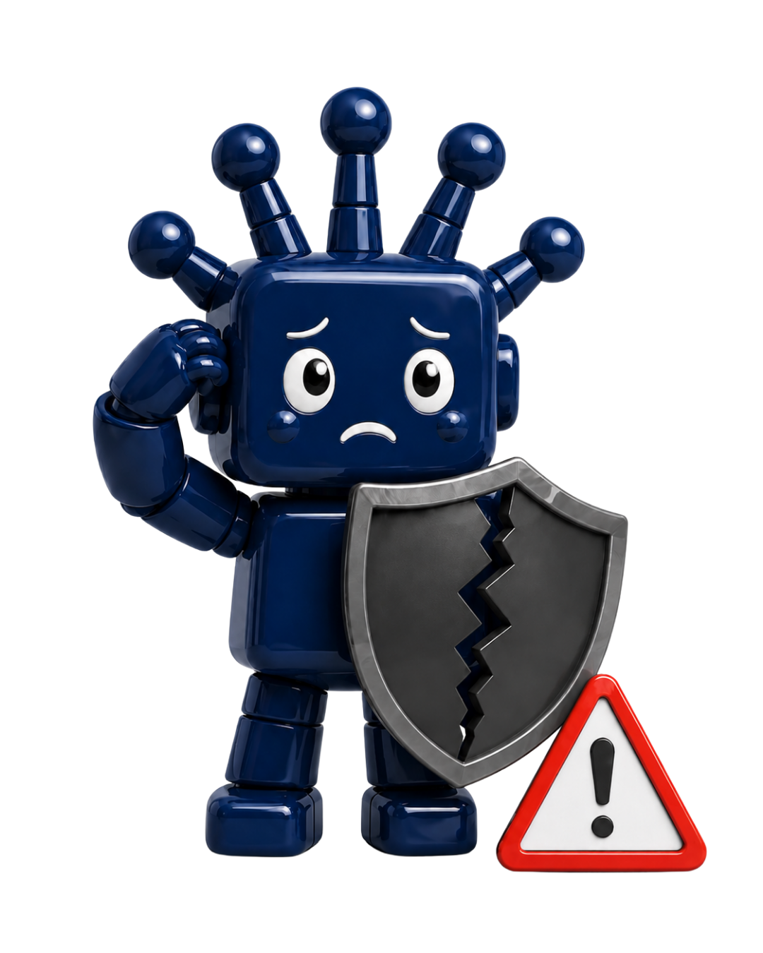 Worried navy robot mascot holding a broken shield next to a warning sign
