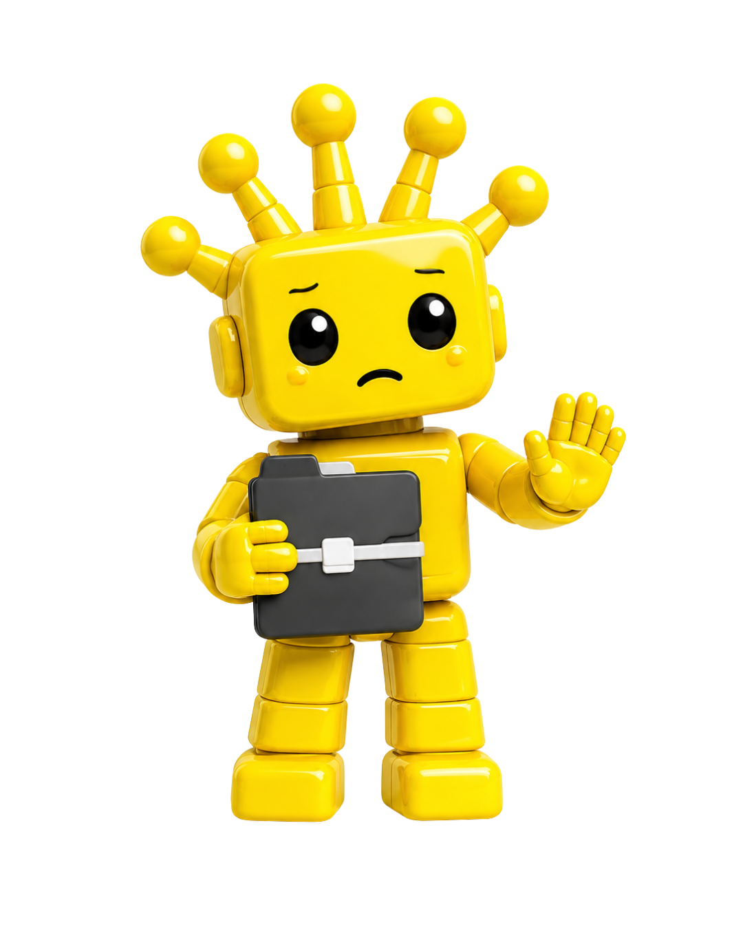 Yellow robot mascot holding a folder with hand raised, signalling stop