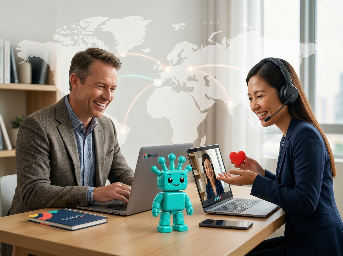 Resora yellow mascot working alongside a Filipino professional at a laptop