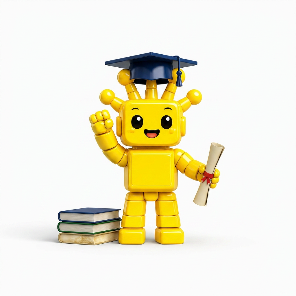 Yellow Resora mascot in a graduation cap holding a diploma beside a stack of books