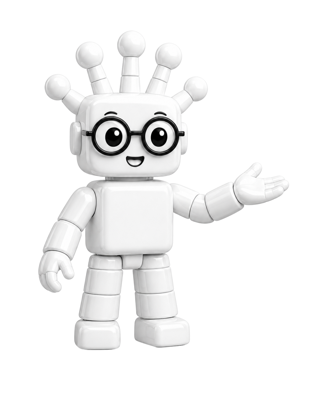 White presenter mascot gesturing toward the monitor